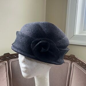 Vintage Y2K Navy Blue pillbox woven straw Hat;Tea party, church, Kentucky Derby